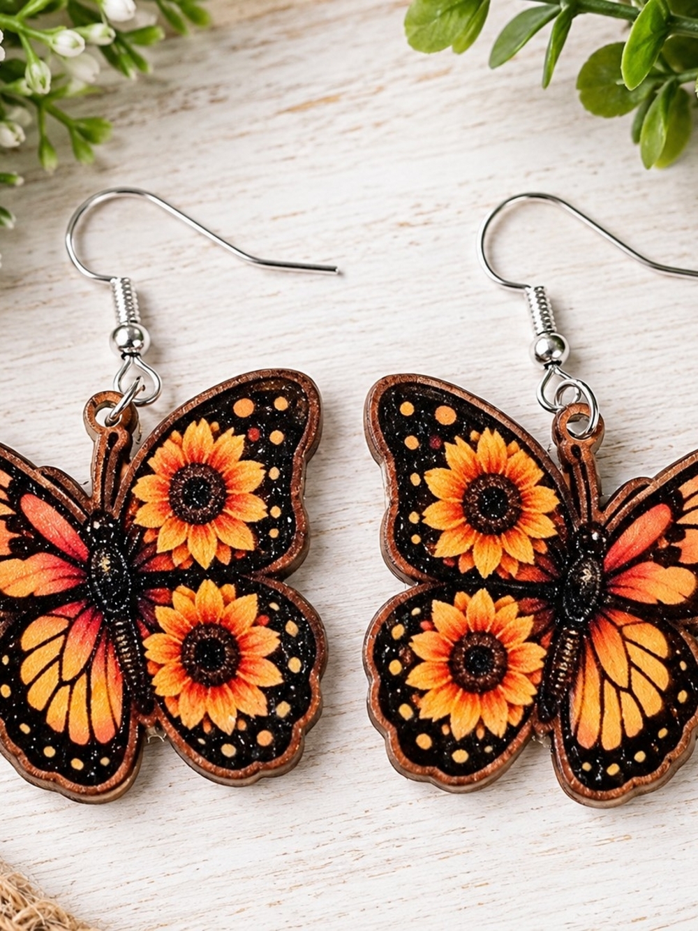 Sunflower Butterfly Drop Earrings - Orange Floral Women Accessories